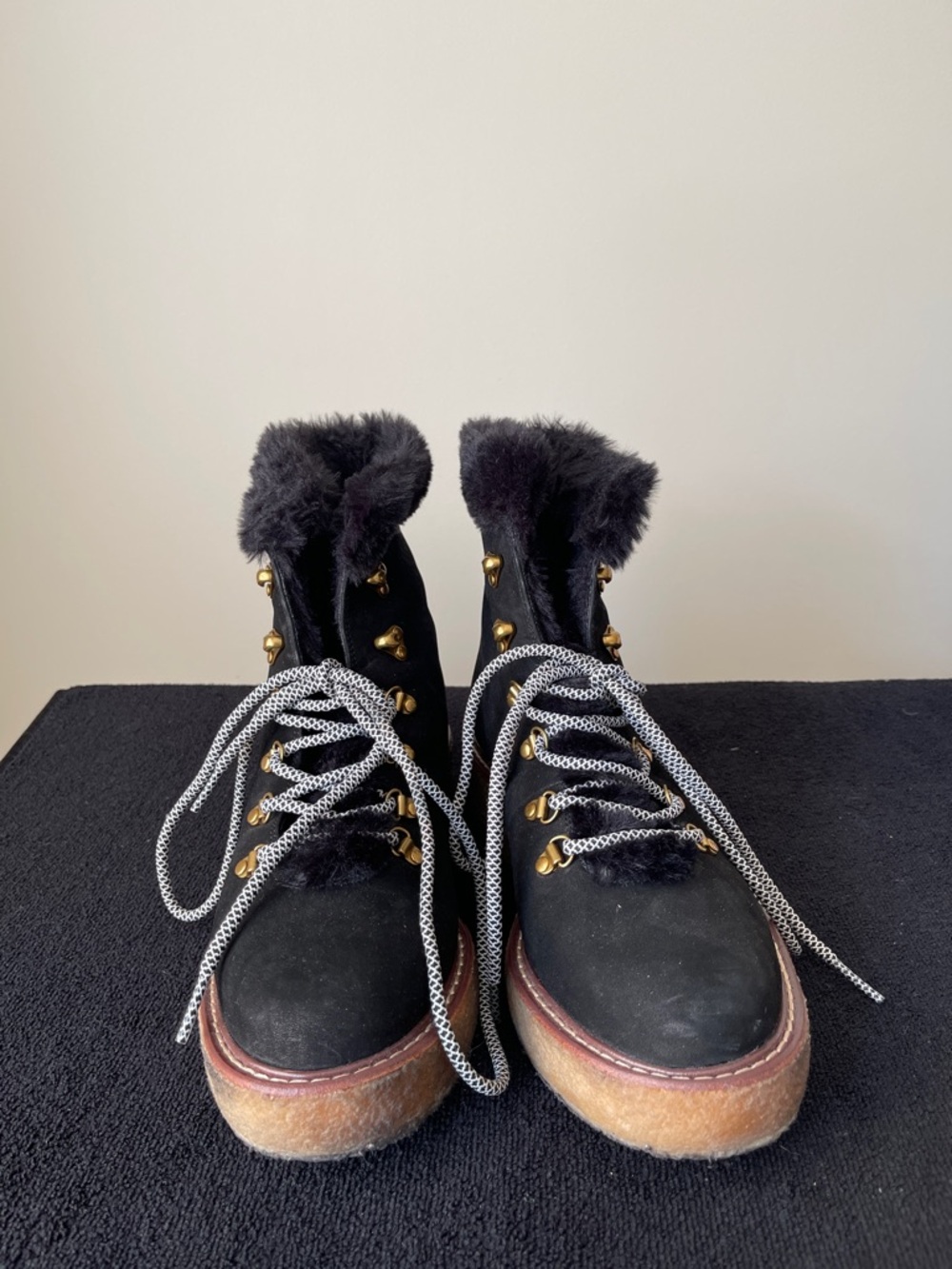 J. Crew Black Faux Fur Lace-Up Lug Boots with Gold Hardware